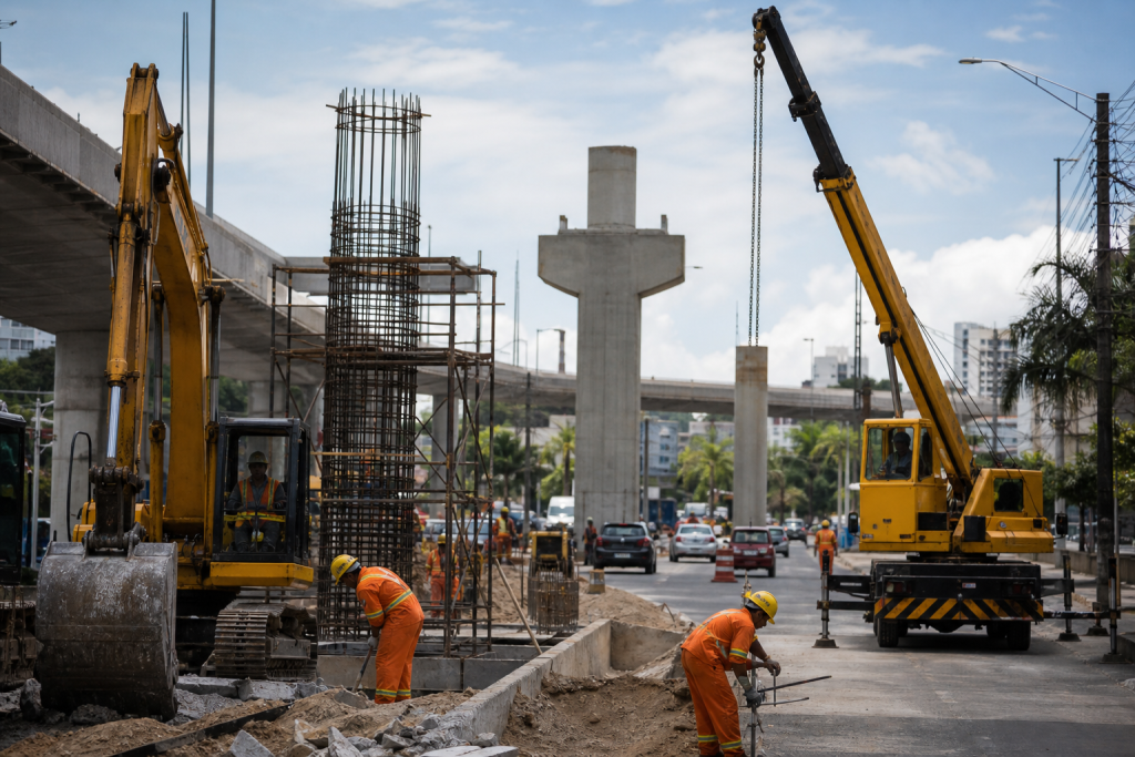 Máquinas trabalham no início das obras do viaduto entre a Rua Fernando Corrêa e a Avenida Lions, em Rondonópolis